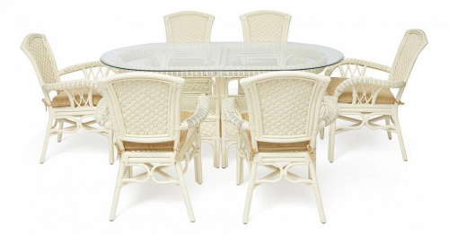 Комплект обеденный ANDREA GRAND (стол со стеклом+6 кресел+ подушки) TCH White (белый), Ткань рубчик, цвет кремовый. Фото №1